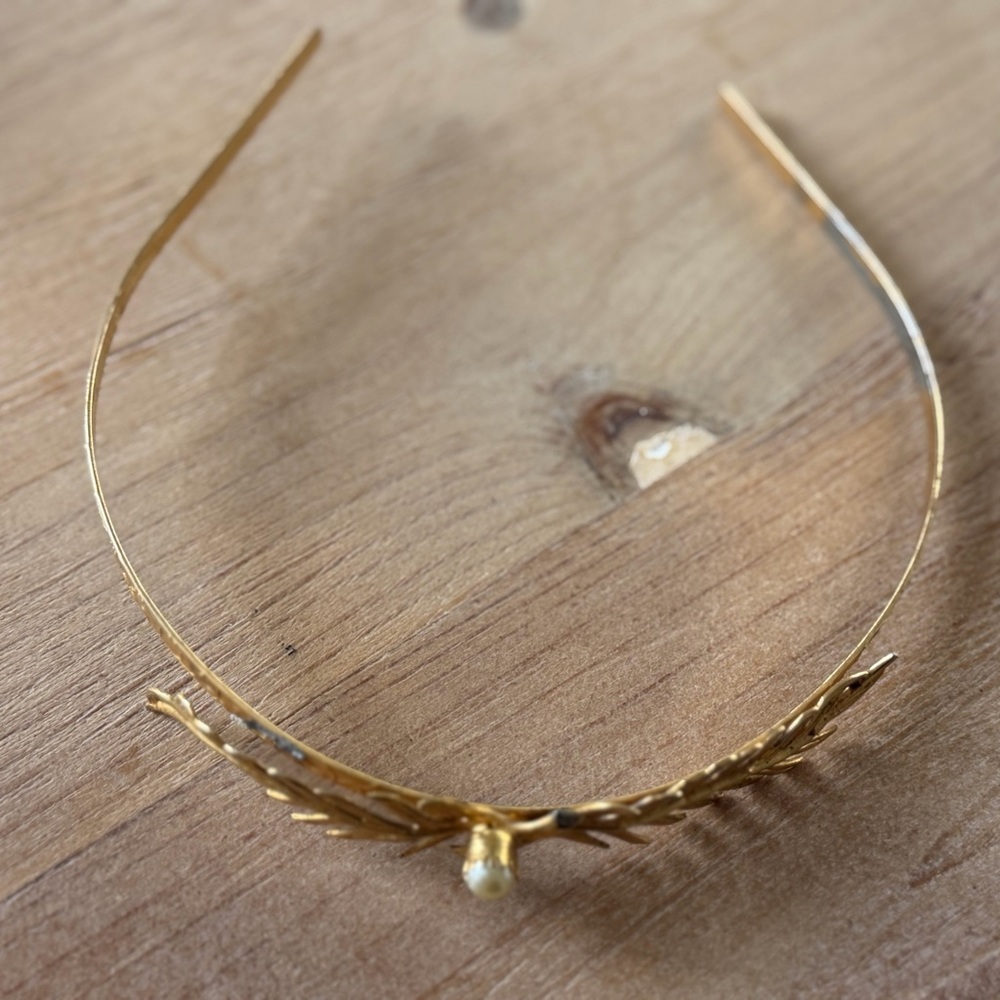 Vintage Gold Leaf Headband w Pearl Grecian Fifties Hair Accessory Jewelry Pretty - Picture 10 of 11